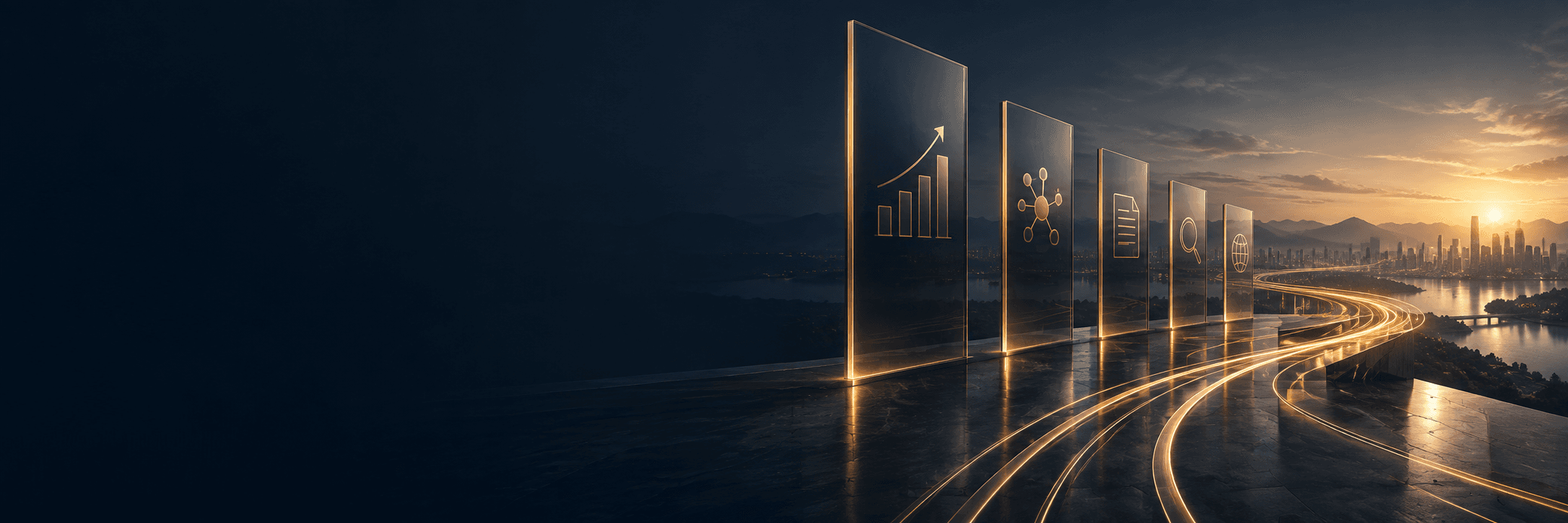 Gold pathways connecting strategic pillars to a city skyline